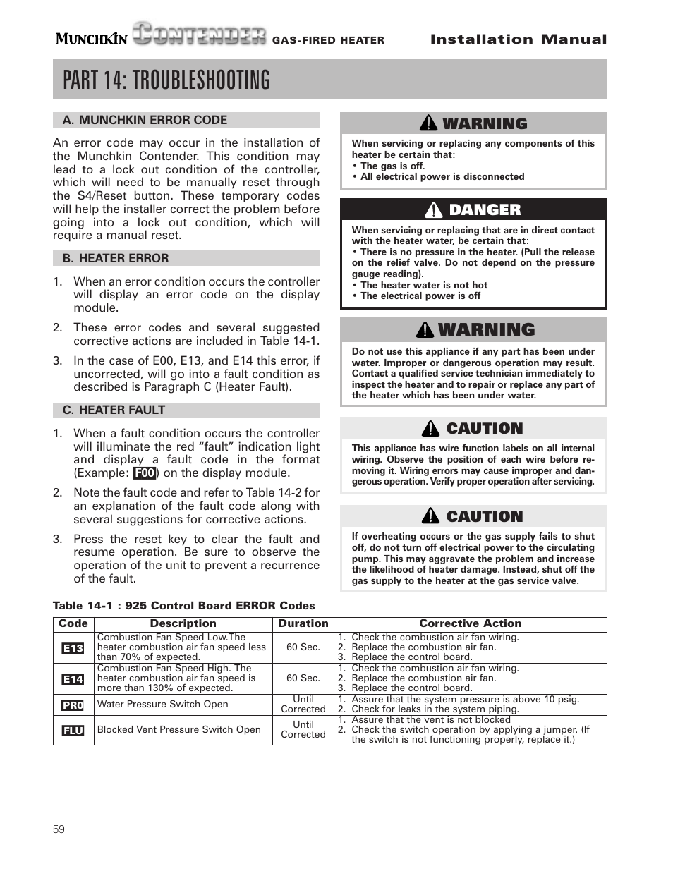 Part 14: troubleshooting, Caution, Warning | Danger | Munchkin Gas-Fired Hot Water Circulating Heater User Manual | Page 60 / 72