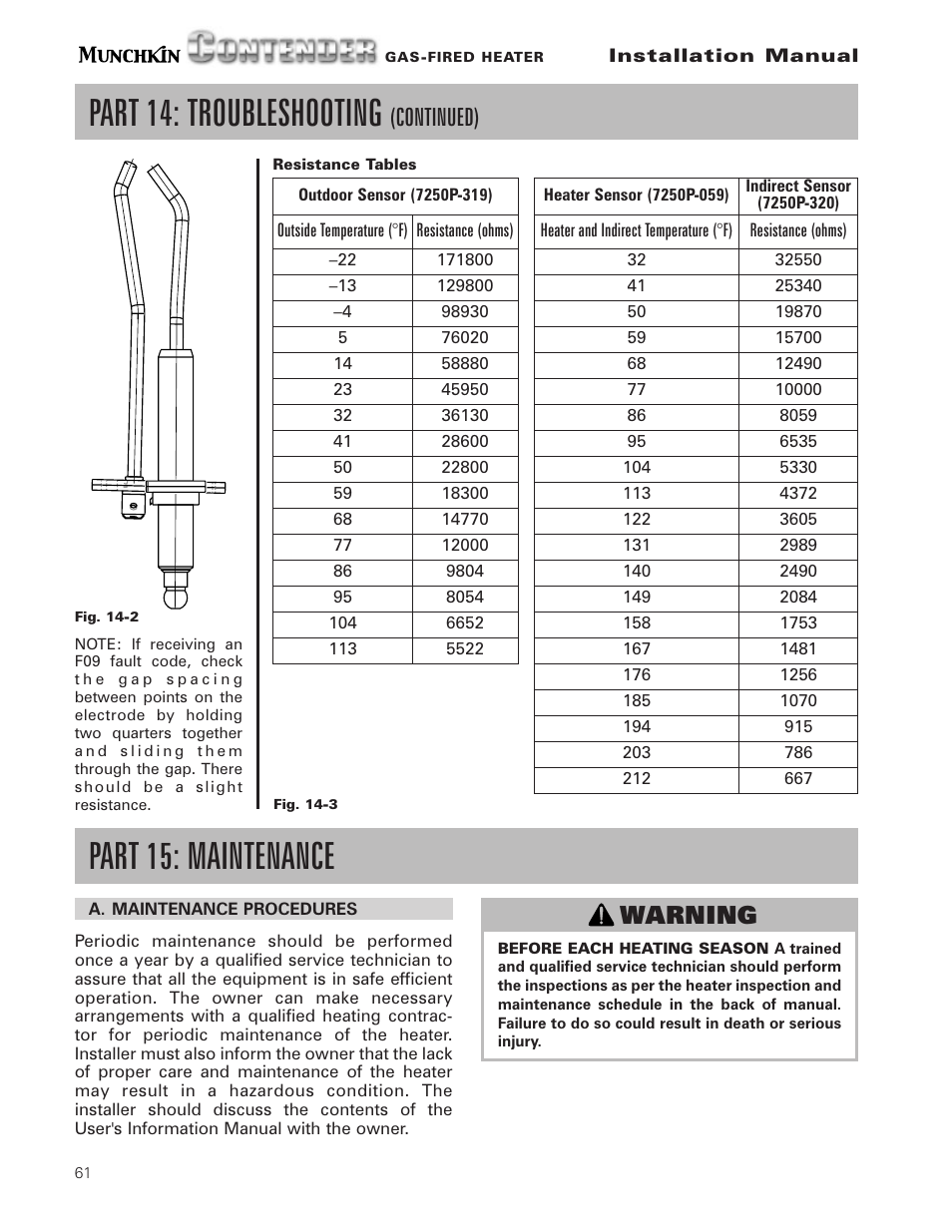 Part 15: maintenance, Part 14: troubleshooting, Continued) | Warning | Munchkin Gas-Fired Hot Water Circulating Heater User Manual | Page 62 / 72