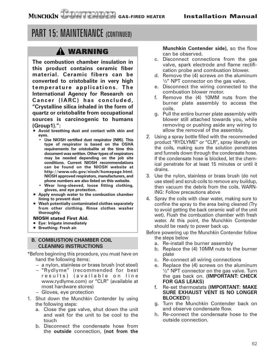 Part 15: maintenance, Continued) warning | Munchkin Gas-Fired Hot Water Circulating Heater User Manual | Page 63 / 72