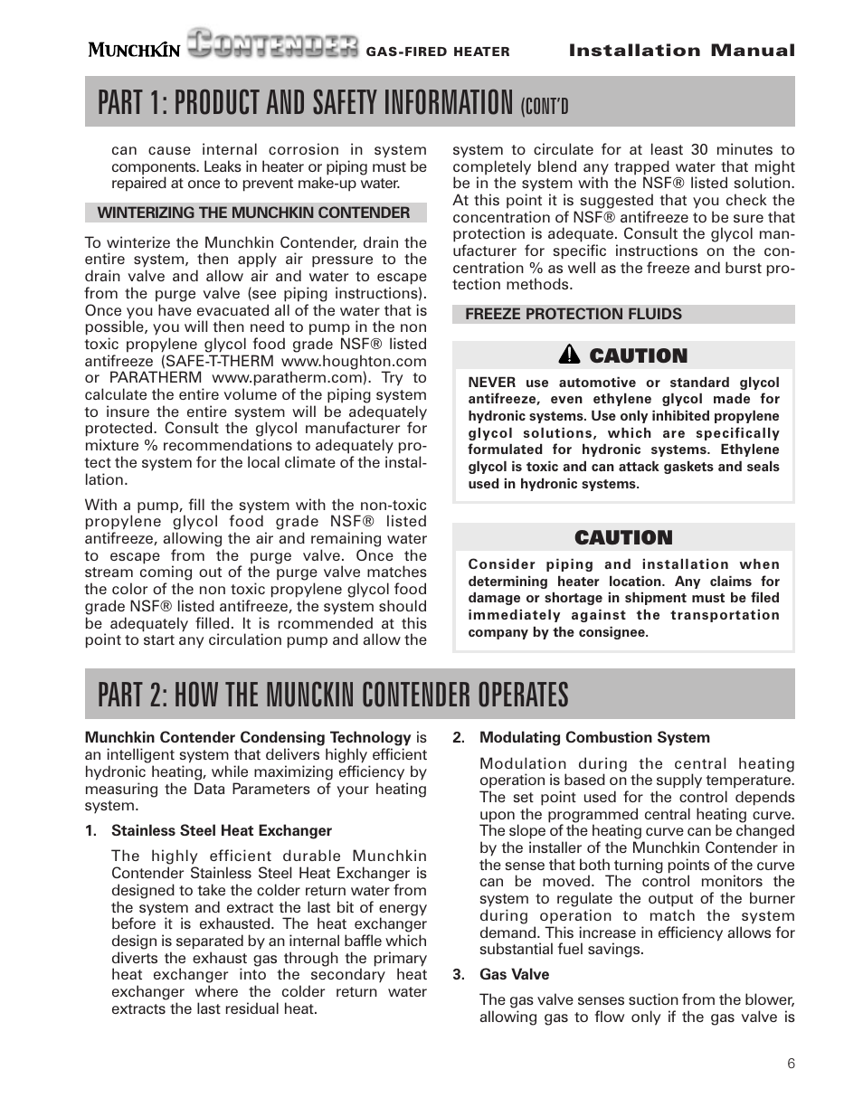Part 1: product and safety information, Part 2: how the munckin contender operates, Cont’d | Munchkin Gas-Fired Hot Water Circulating Heater User Manual | Page 7 / 72
