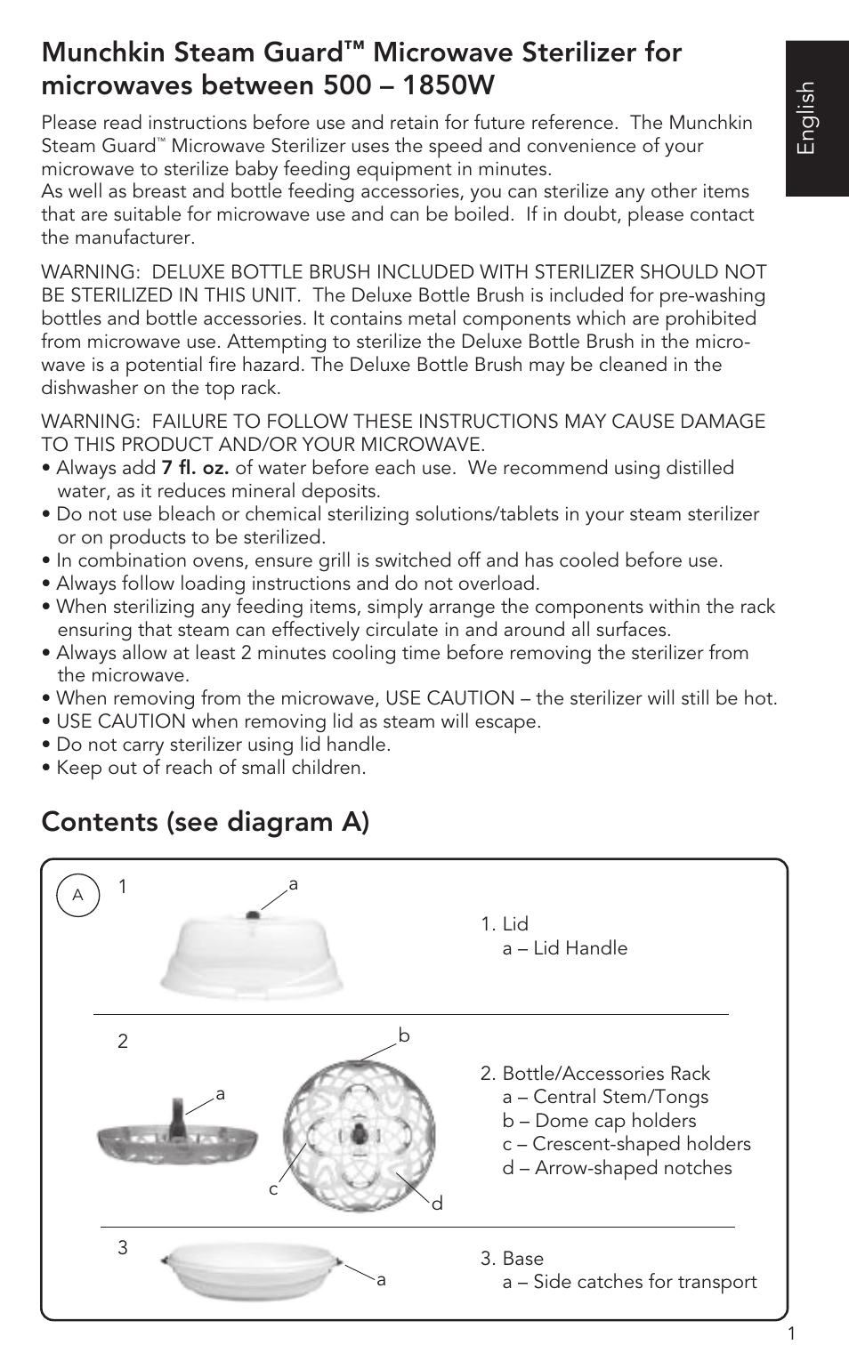 Munchkin steam guard, Contents (see diagram a) | Munchkin Baby Accessories User Manual | Page 2 / 14