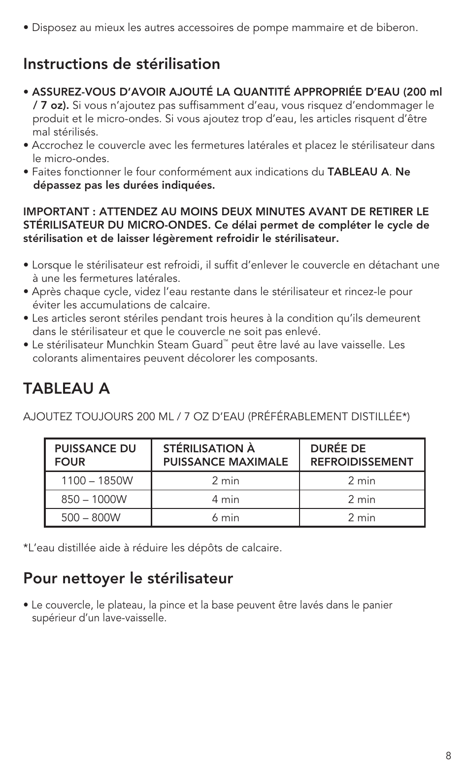 Instructions de stérilisation, Tableau a, Pour nettoyer le stérilisateur | Munchkin Baby Accessories User Manual | Page 9 / 14