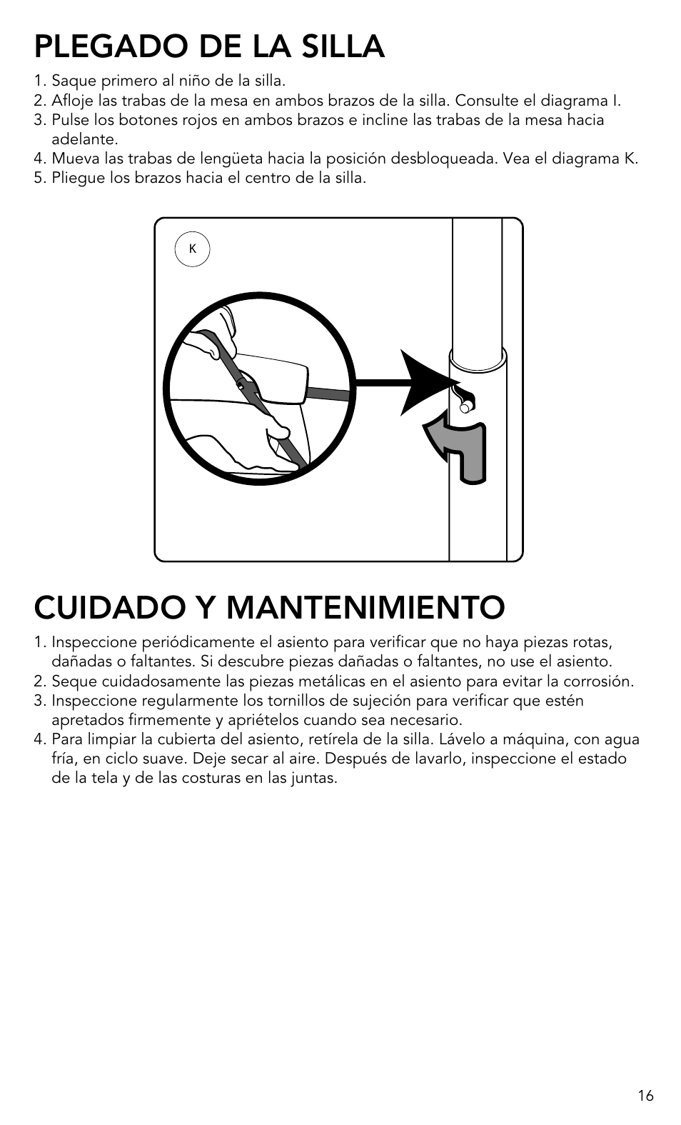 Plegado de la silla, Cuidado y mantenimiento | Munchkin Portable Hook-On Chair User Manual | Page 16 / 17