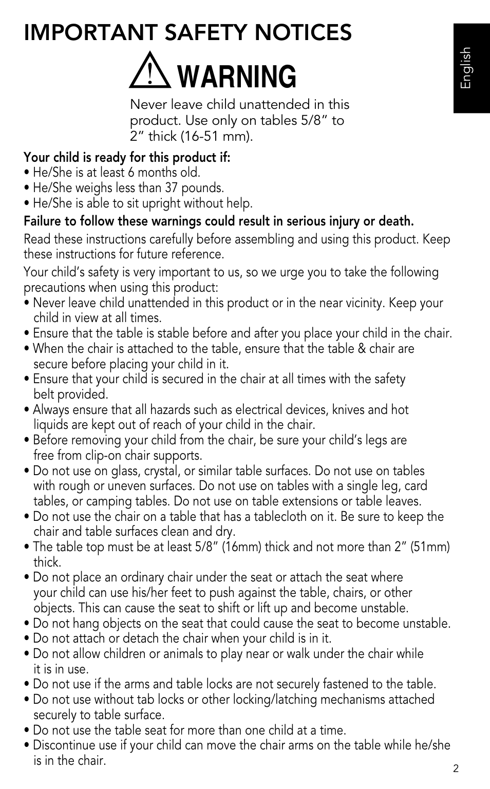 Warning, Important safety notices | Munchkin Portable Hook-On Chair User Manual | Page 2 / 17