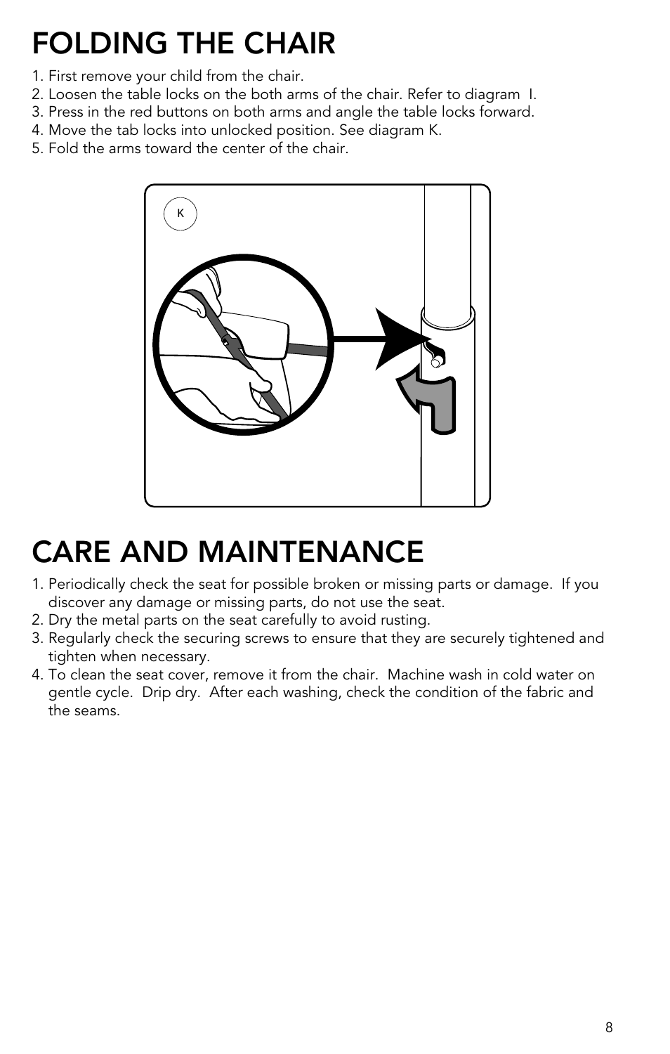 Folding the chair, Care and maintenance | Munchkin Portable Hook-On Chair User Manual | Page 8 / 17