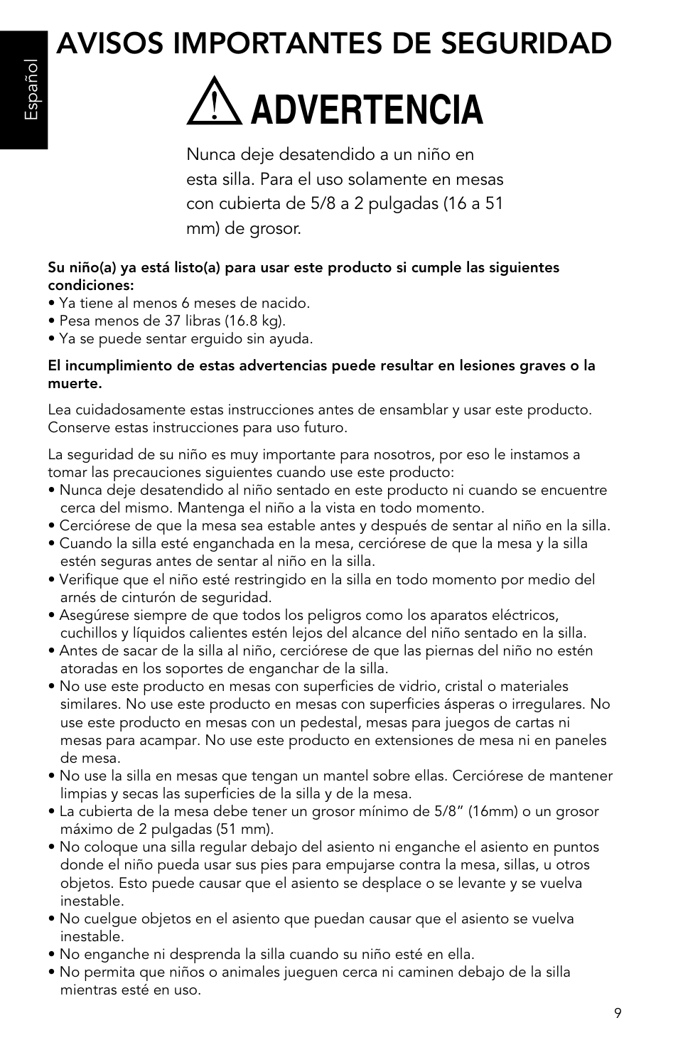 Advertencia, Avisos importantes de seguridad | Munchkin Portable Hook-On Chair User Manual | Page 9 / 17