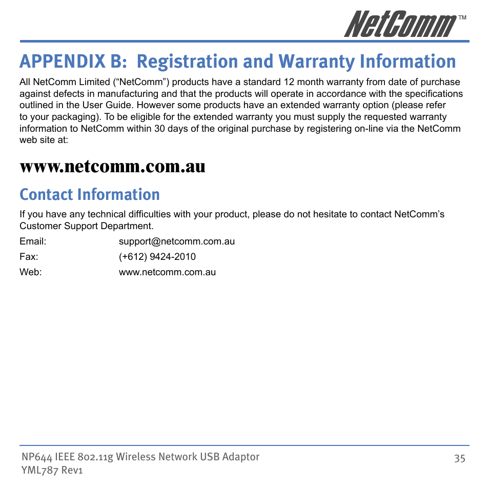 Appendix b: registration and warranty information, Contact information | Mobility Electronics NP644 User Manual | Page 35 / 40