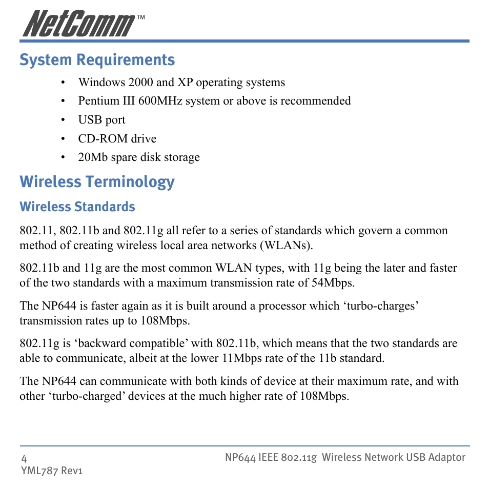 System requirements wireless terminology, System requirements, Wireless terminology | Mobility Electronics NP644 User Manual | Page 4 / 40