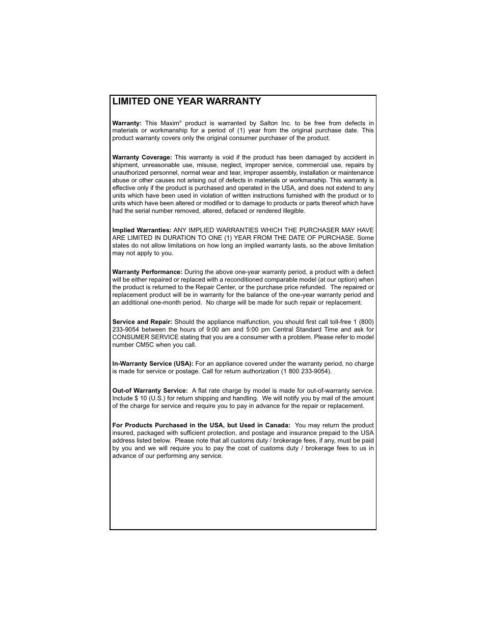 Limited one year warranty | Salton, Inc CM5C User Manual | Page 28 / 93