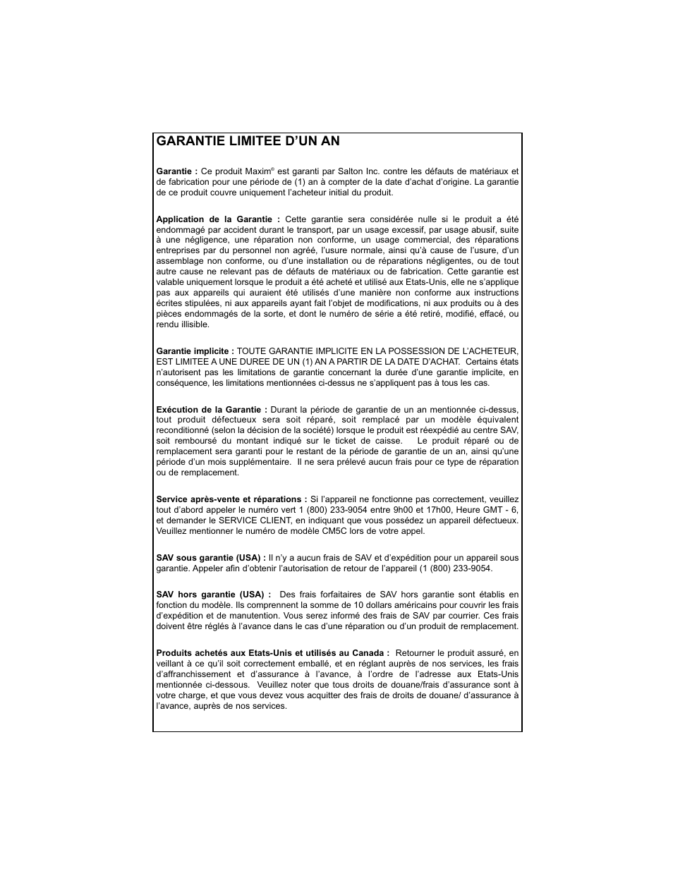 Garantie limitee d’un an | Salton, Inc CM5C User Manual | Page 60 / 93