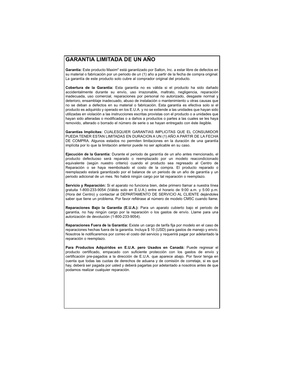 Garantia limitada de un año | Salton, Inc CM5C User Manual | Page 92 / 93