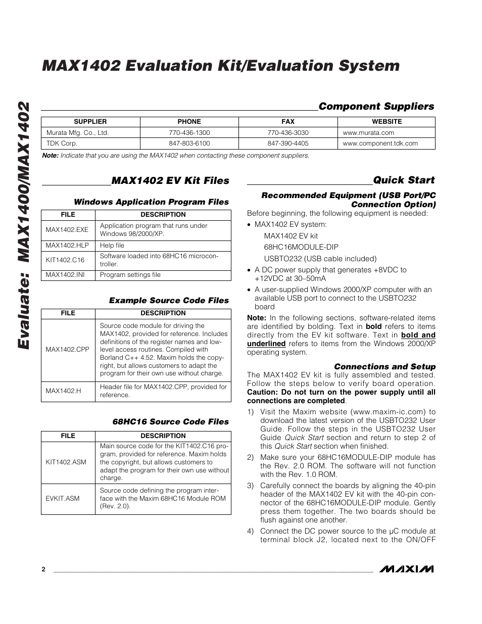 Quick start, Max1402 ev kit files, Component suppliers | Maxim Integrated MAX1402 User Manual | Page 2 / 12