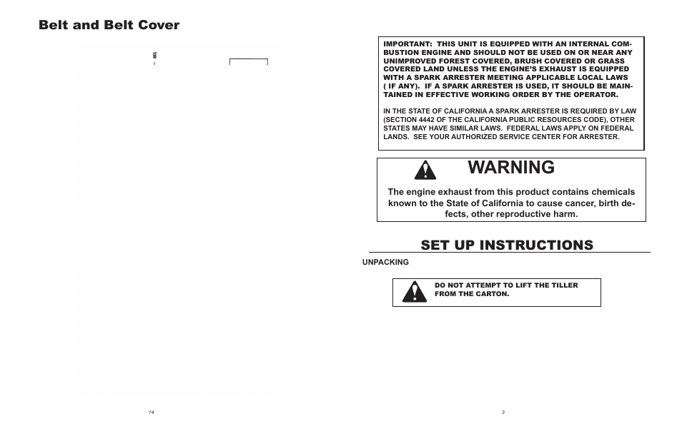 Warning, Set up instructions, Belt and belt cover | Maxim Manufacturing TP50B User Manual | Page 3 / 8