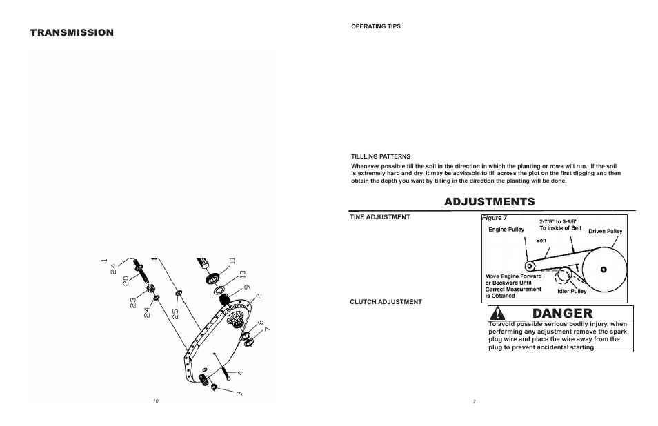 Danger, Adjustments, Transmission | Maxim Manufacturing TP50B User Manual | Page 7 / 8