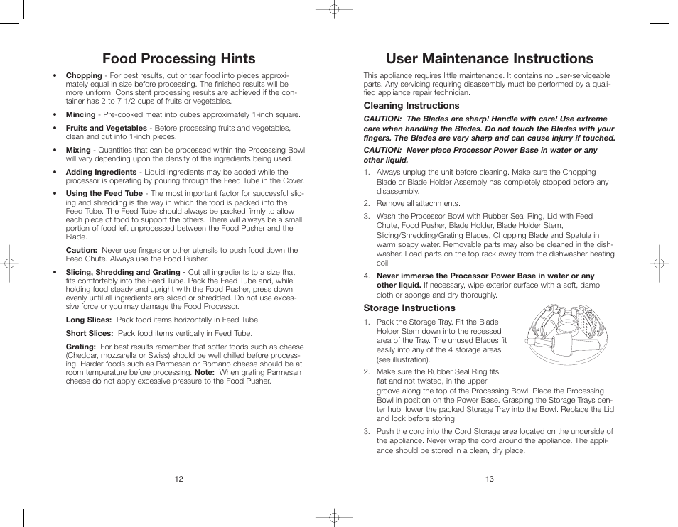 User maintenance instructions, Food processing hints | Rachael Ray RRFP1A/T User Manual | Page 13 / 24