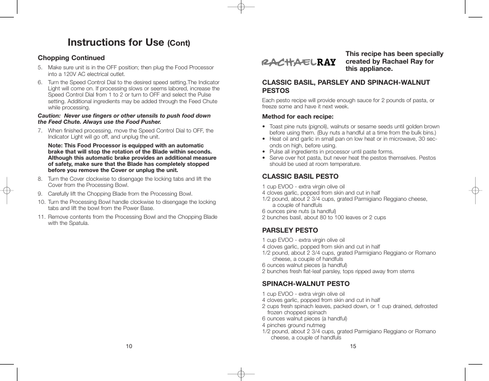 Instructions for use, Cont) | Rachael Ray RRFP1A/T User Manual | Page 15 / 24