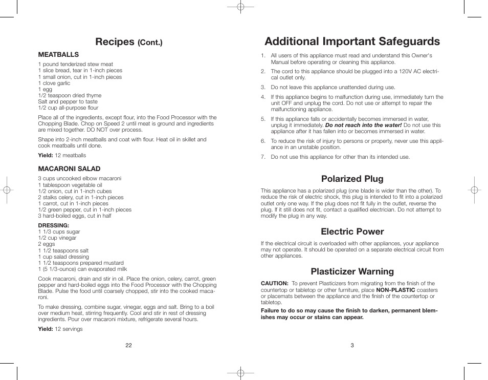Additional important safeguards, Recipes, Polarized plug | Electric power, Plasticizer warning | Rachael Ray RRFP1A/T User Manual | Page 22 / 24