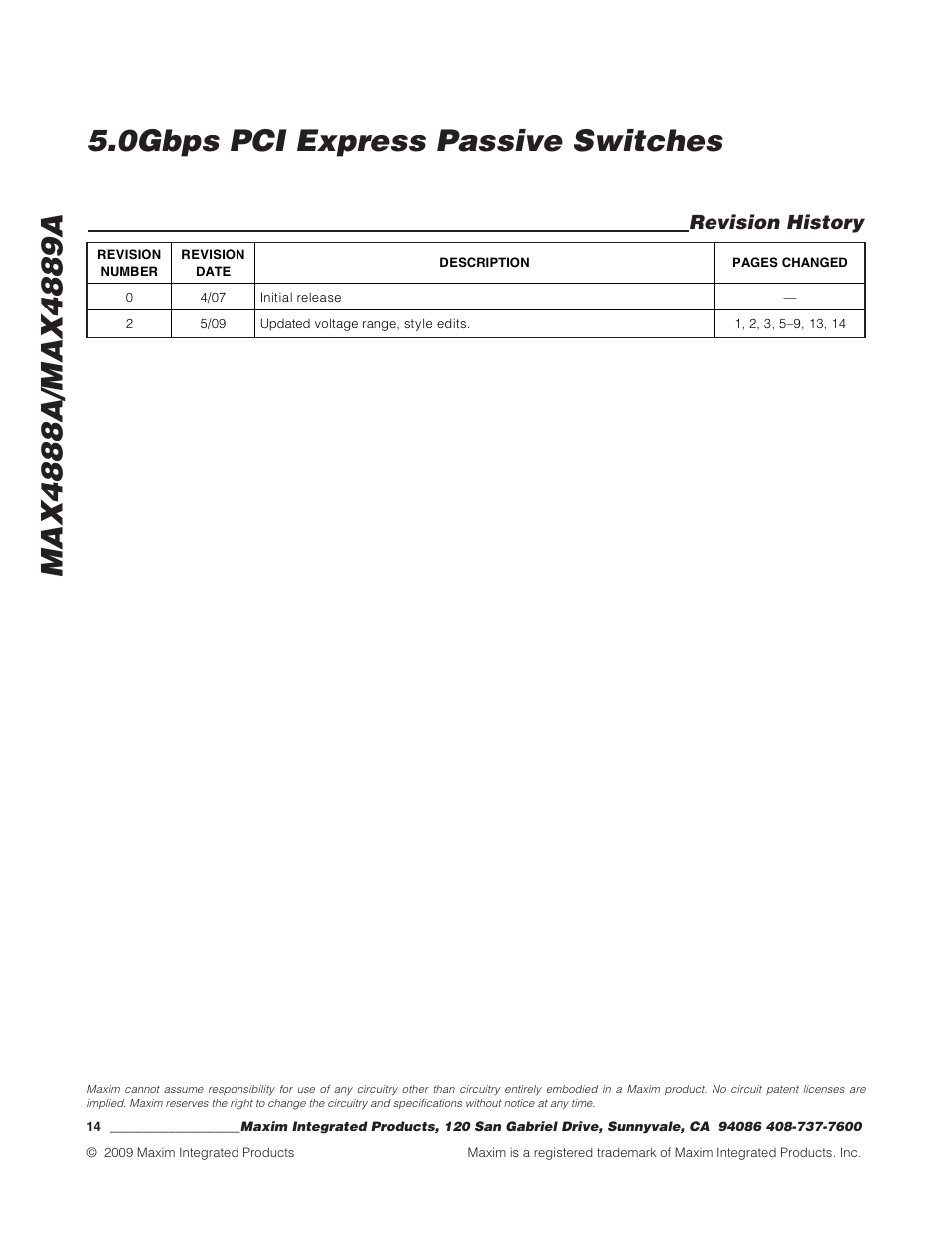 Revision history | Maxim Integrated MAX4888A User Manual | Page 14 / 14