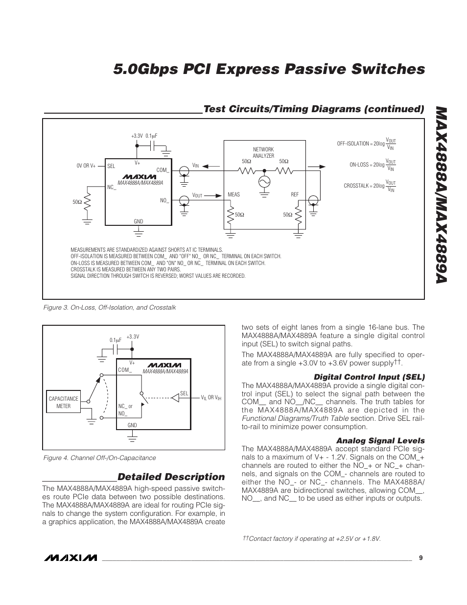 Detailed description, Test circuits/timing diagrams (continued), Digital control input (sel) | Analog signal levels | Maxim Integrated MAX4888A User Manual | Page 9 / 14