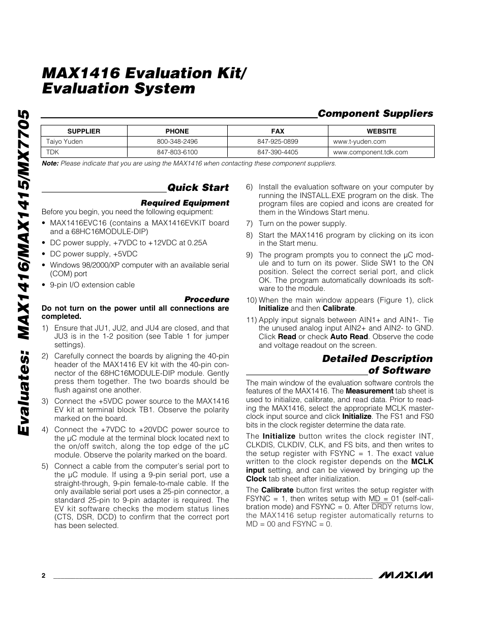 Component suppliers, Quick start, Detailed description of software | Maxim Integrated MAX1415 User Manual | Page 2 / 14