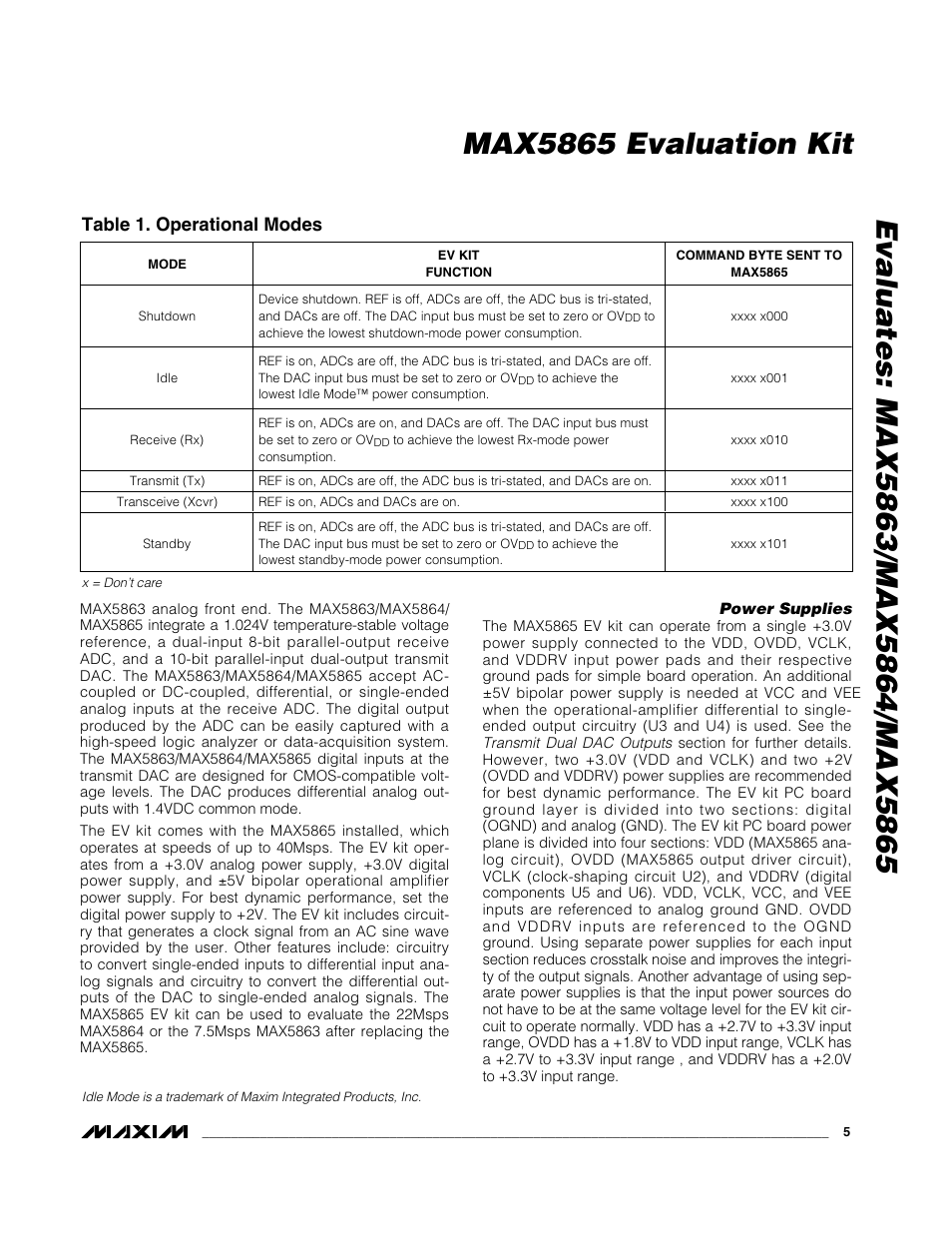 Table 1. operational modes | Maxim Integrated MAX5865 User Manual | Page 5 / 18