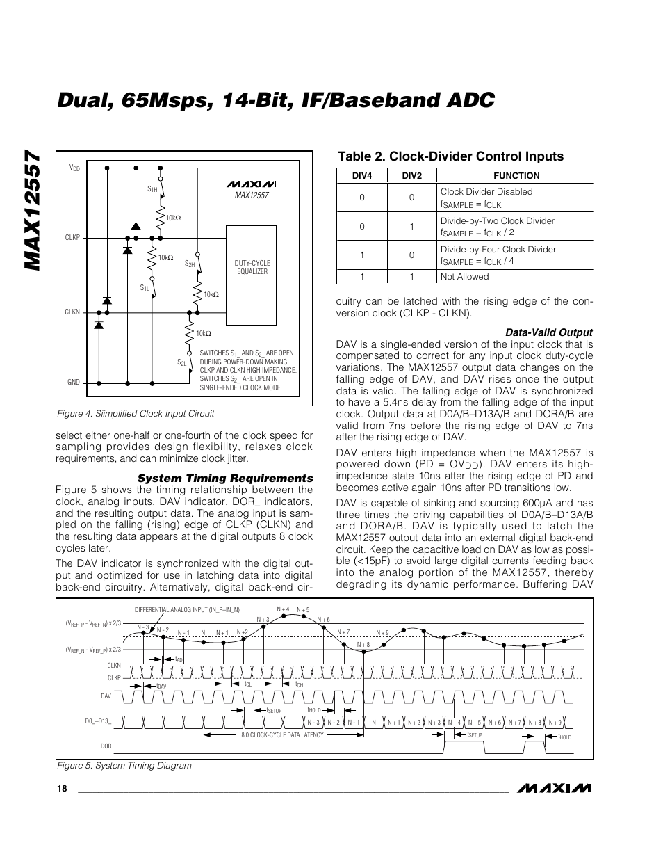 Dual, 65msps, 14-bit, if/baseband adc, Table 2. clock-divider control inputs, System timing requirements | Maxim Integrated MAX12557 User Manual | Page 18 / 28