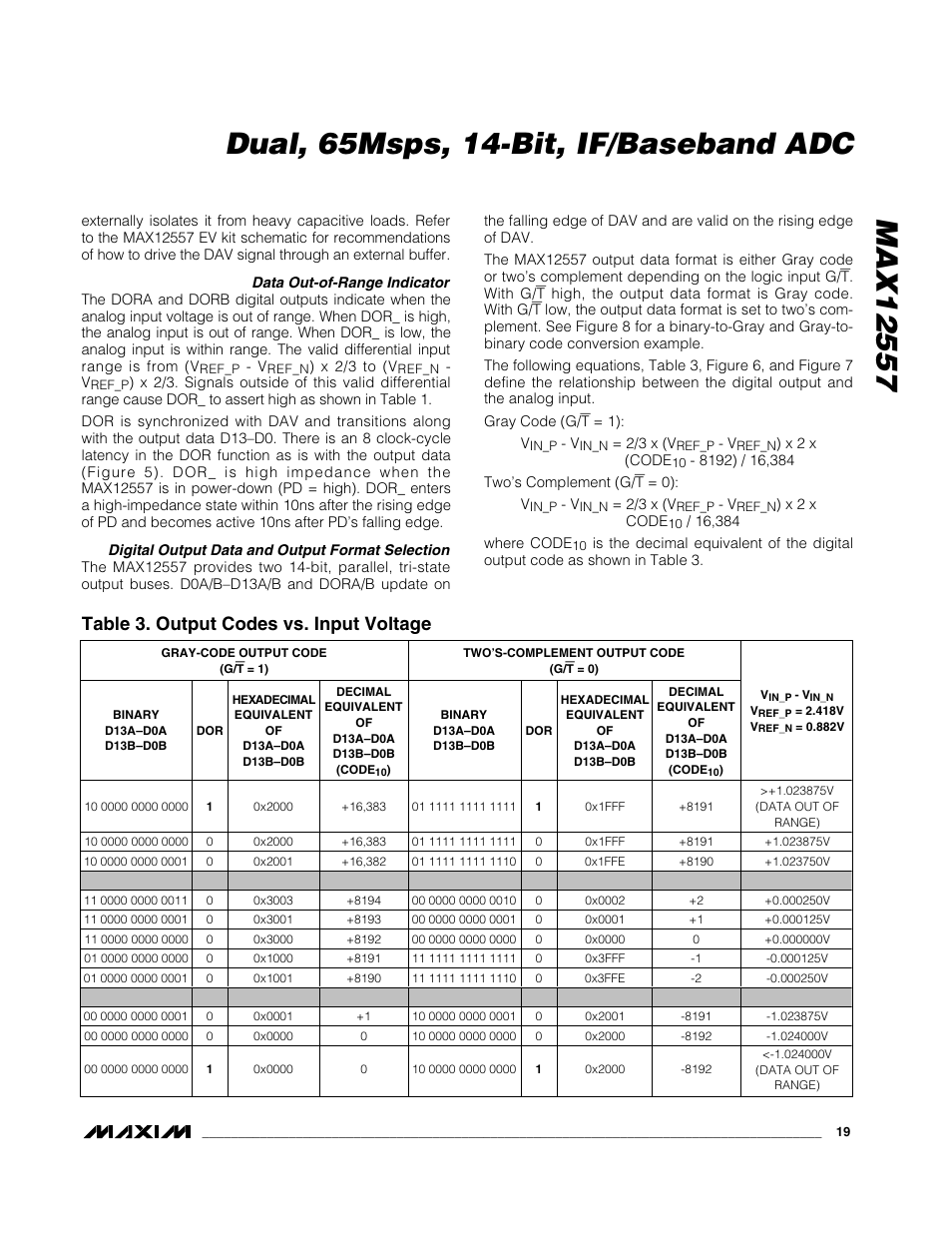 Table 3. output codes vs. input voltage | Maxim Integrated MAX12557 User Manual | Page 19 / 28