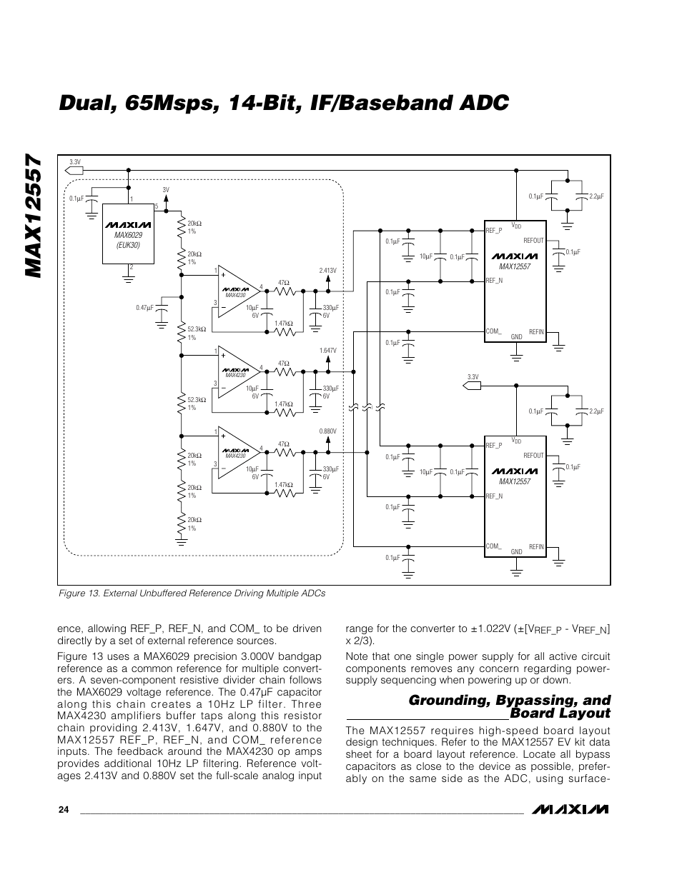 Dual, 65msps, 14-bit, if/baseband adc, Grounding, bypassing, and board layout | Maxim Integrated MAX12557 User Manual | Page 24 / 28