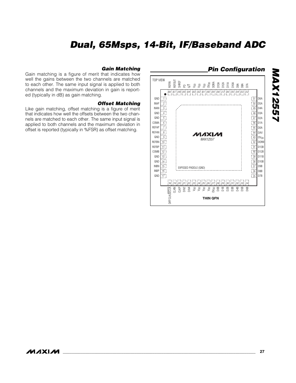 Pin configuration, Gain matching, Offset matching | Maxim Integrated MAX12557 User Manual | Page 27 / 28