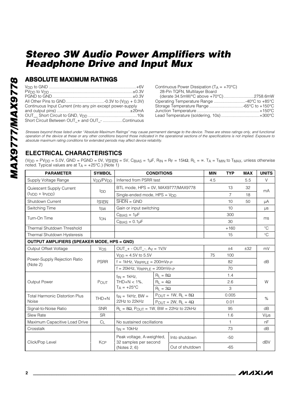 Electrical characteristics | Maxim Integrated MAX9778 User Manual | Page 2 / 27