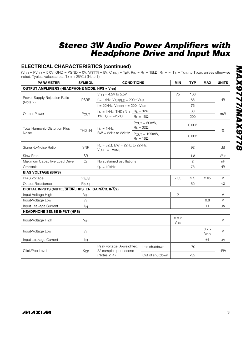 Electrical characteristics (continued) | Maxim Integrated MAX9778 User Manual | Page 3 / 27