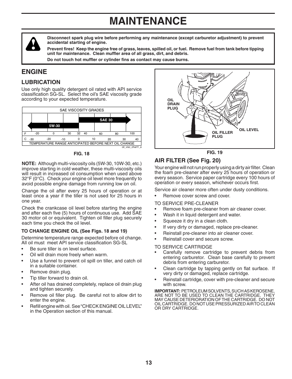 Maintenance, Engine, Lubrication | Air filter (see fig. 20) | Maxim Manufacturing MXR500 User Manual | Page 13 / 21