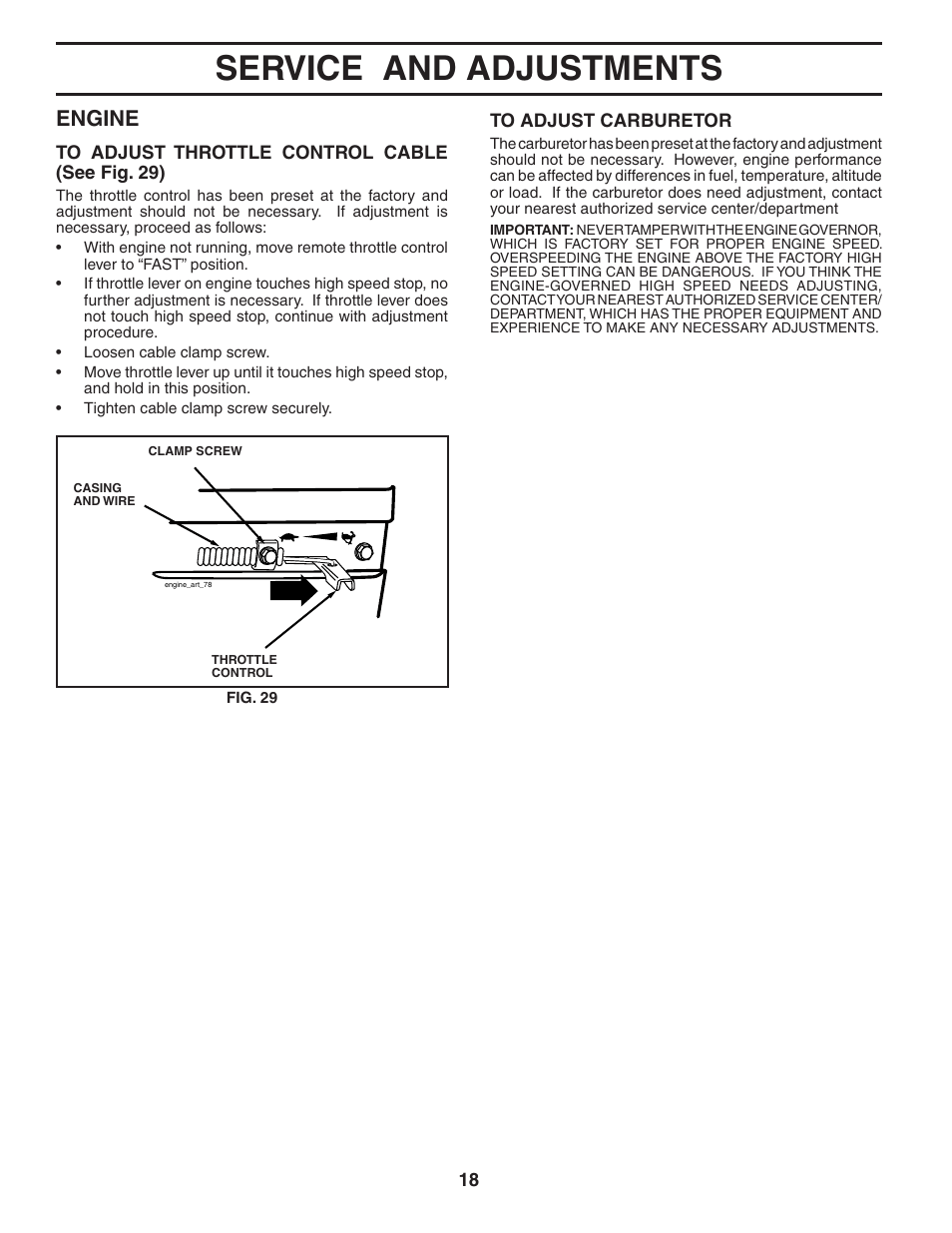 Service and adjustments, Engine | Maxim Manufacturing MXR500 User Manual | Page 18 / 21