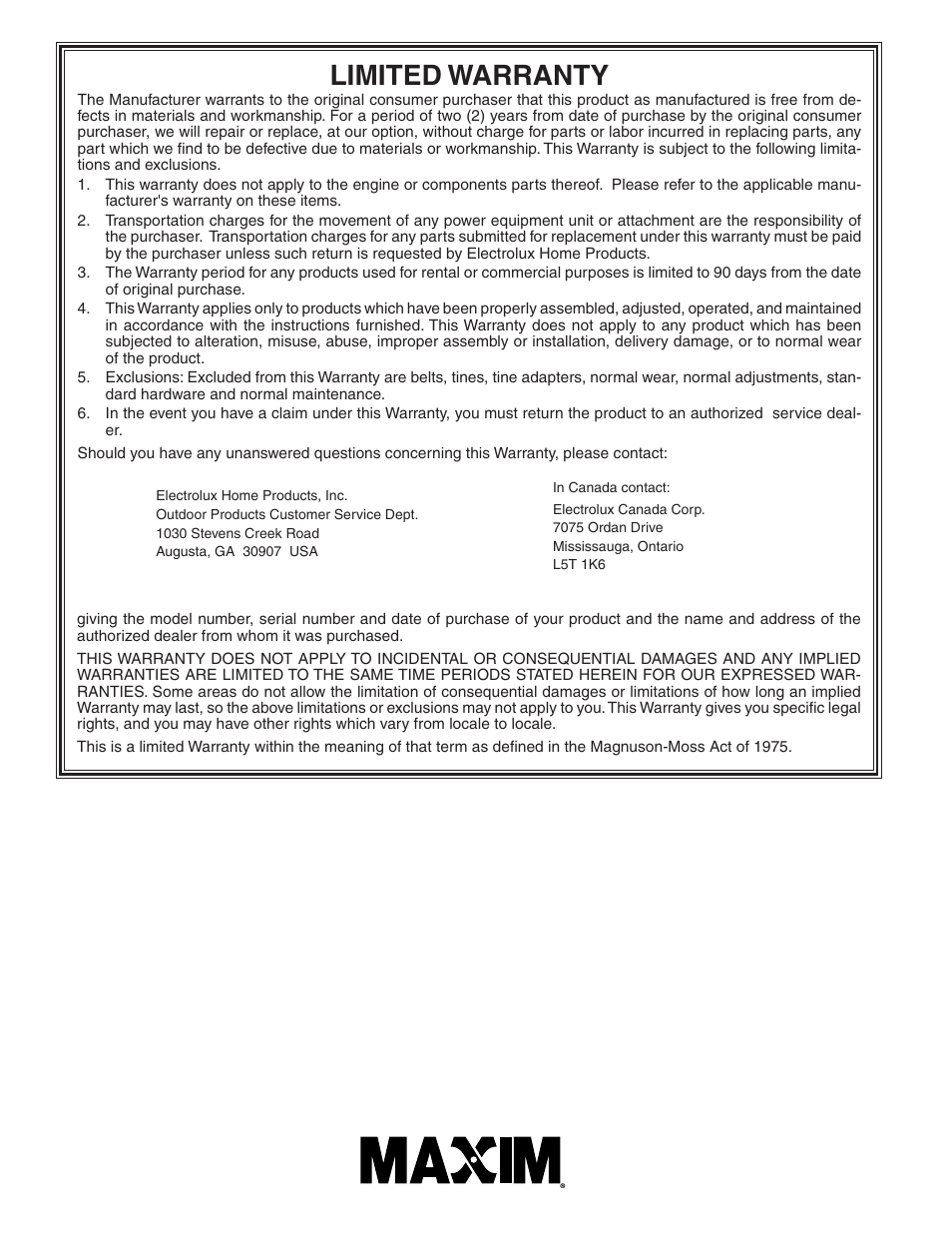 Limited warranty | Maxim Manufacturing MXR500 User Manual | Page 21 / 21