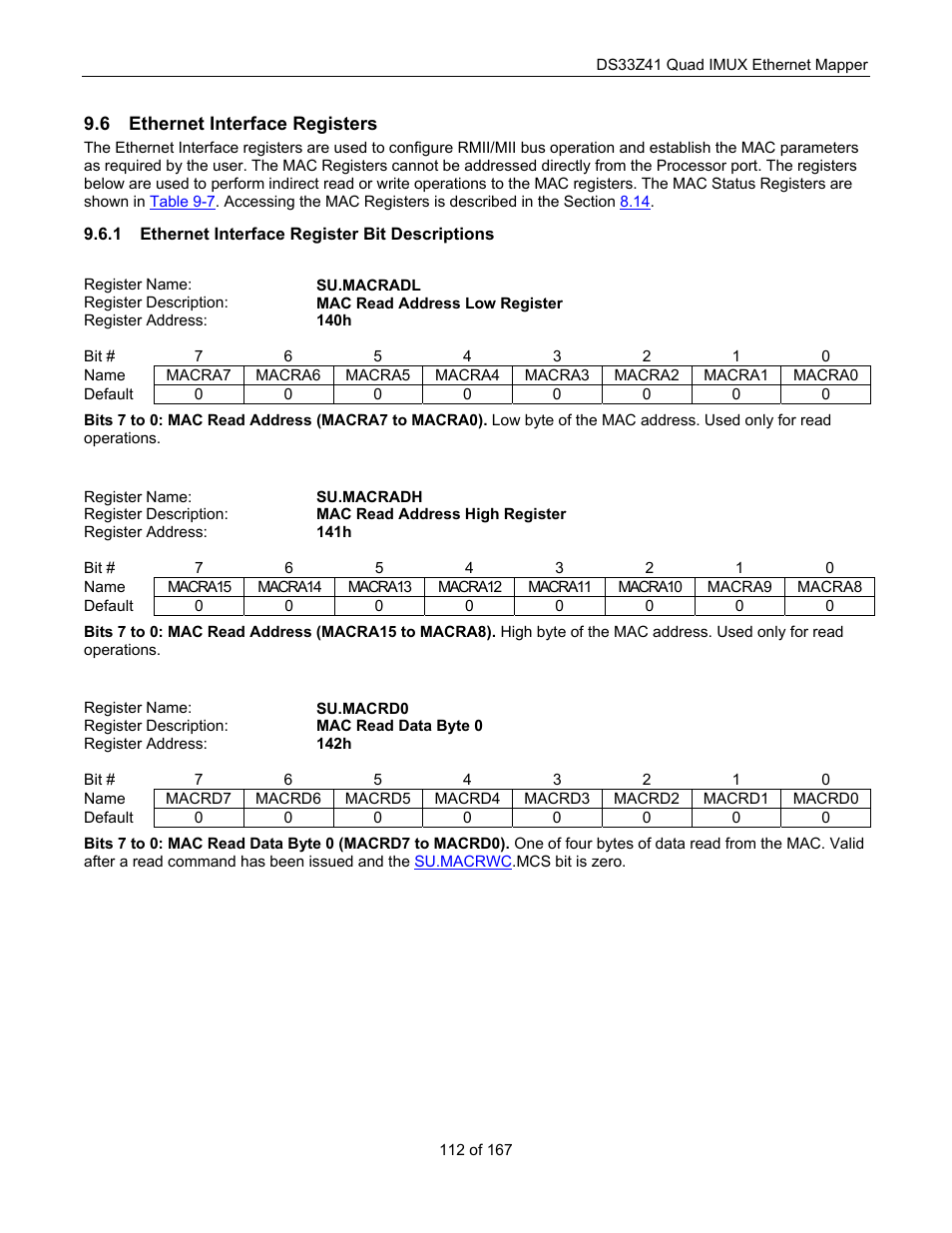 Ethernet interface registers, Ethernet interface register bit descriptions, Thernet | Nterface, Egisters | Maxim Integrated DS33Z41 User Manual | Page 112 / 167