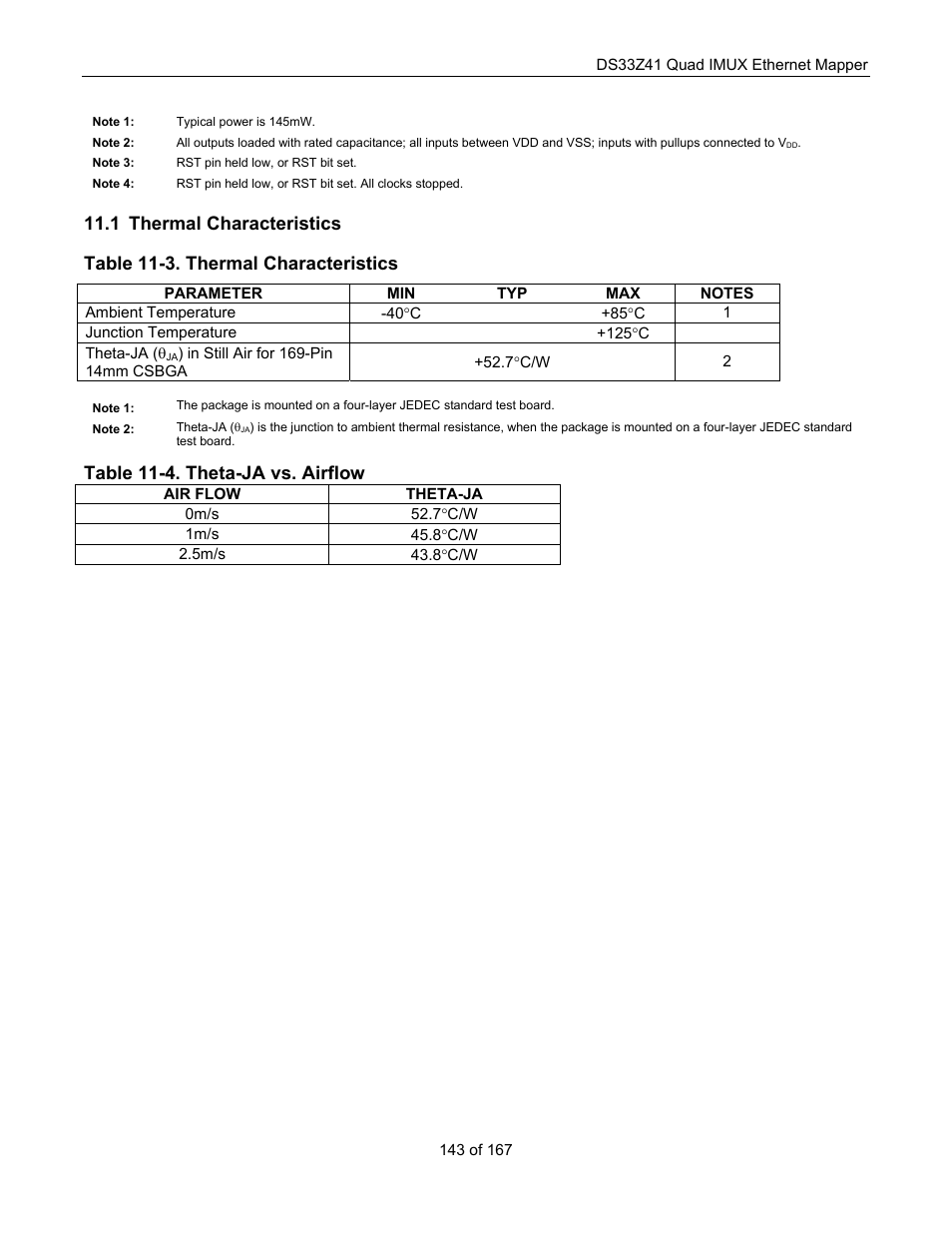 Thermal characteristics, Hermal, Haracteristics | Table 11-4. theta-ja vs. airflow | Maxim Integrated DS33Z41 User Manual | Page 143 / 167