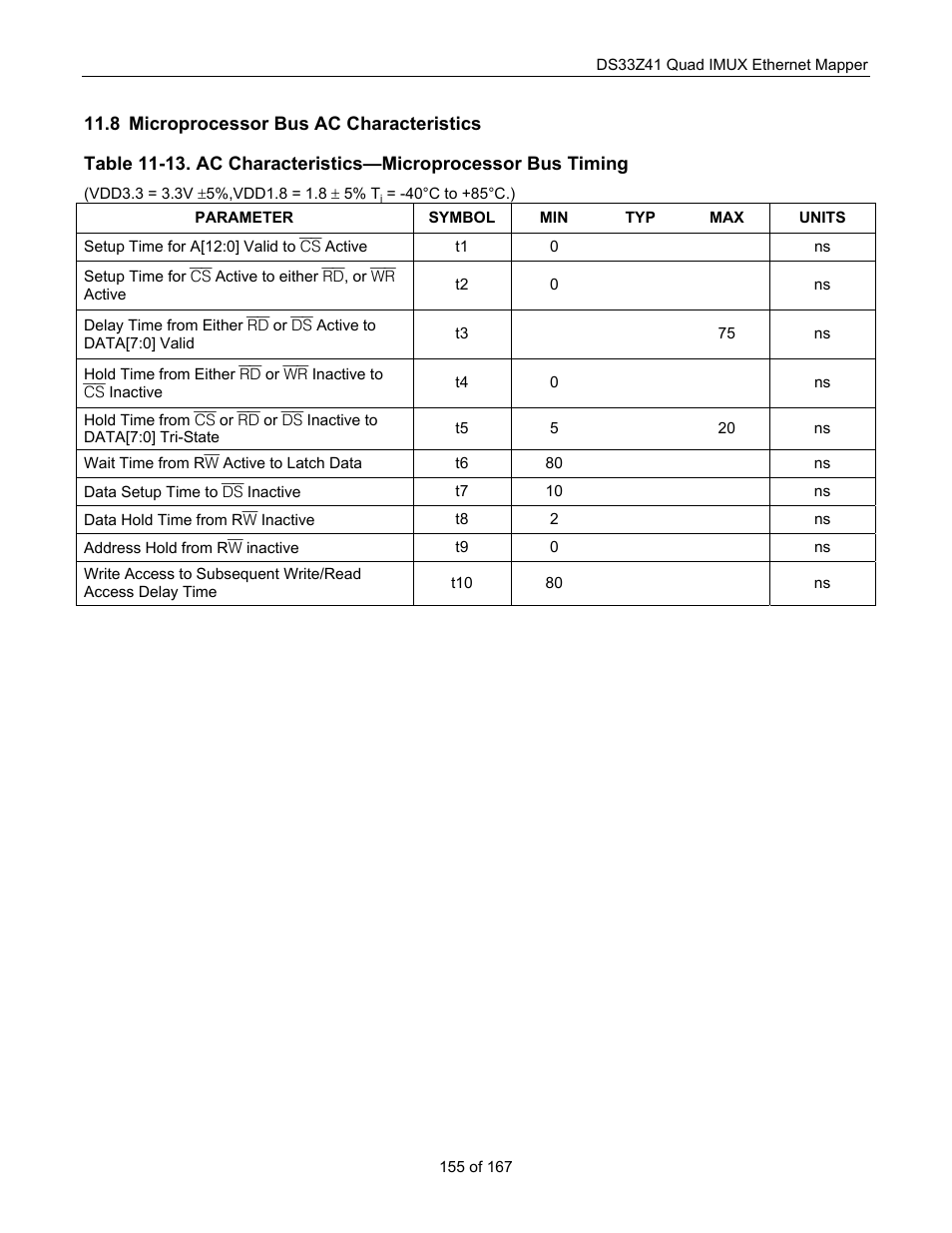 Microprocessor bus ac characteristics, Icroprocessor, Haracteristics | Maxim Integrated DS33Z41 User Manual | Page 155 / 167