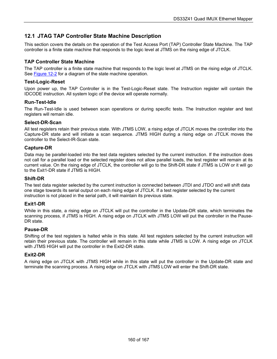 Jtag tap controller state machine description, Jtag tap c, Ontroller | Tate, Achine, Escription | Maxim Integrated DS33Z41 User Manual | Page 160 / 167