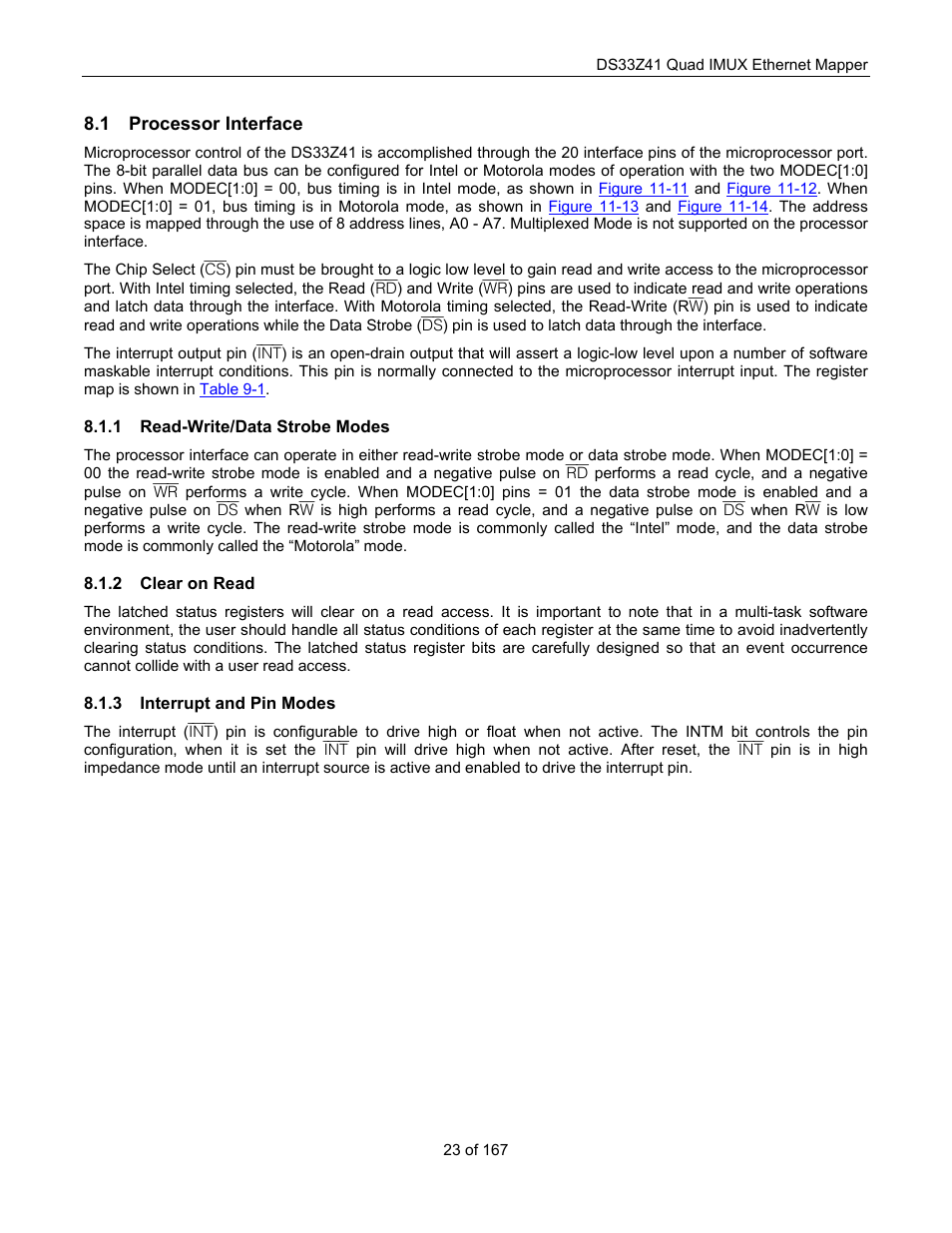 Processor interface, Read-write/data strobe modes, Clear on read | Interrupt and pin modes, Clock structure, Rocessor, Nterface | Maxim Integrated DS33Z41 User Manual | Page 23 / 167