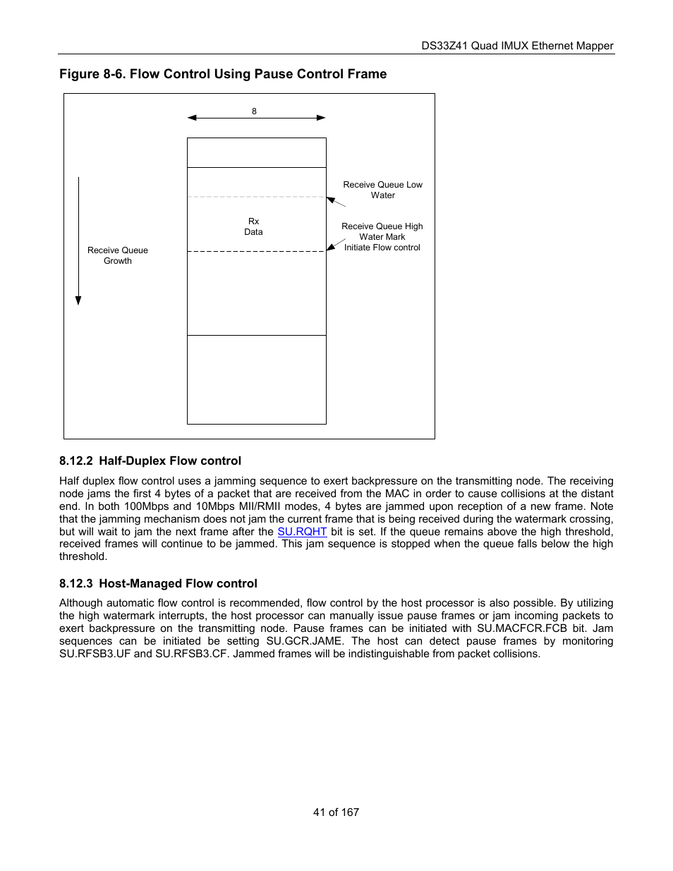 Half-duplex flow control, Host-managed flow control, Ethernet interface port | Figure 8-6. flow control using pause control frame | Maxim Integrated DS33Z41 User Manual | Page 41 / 167