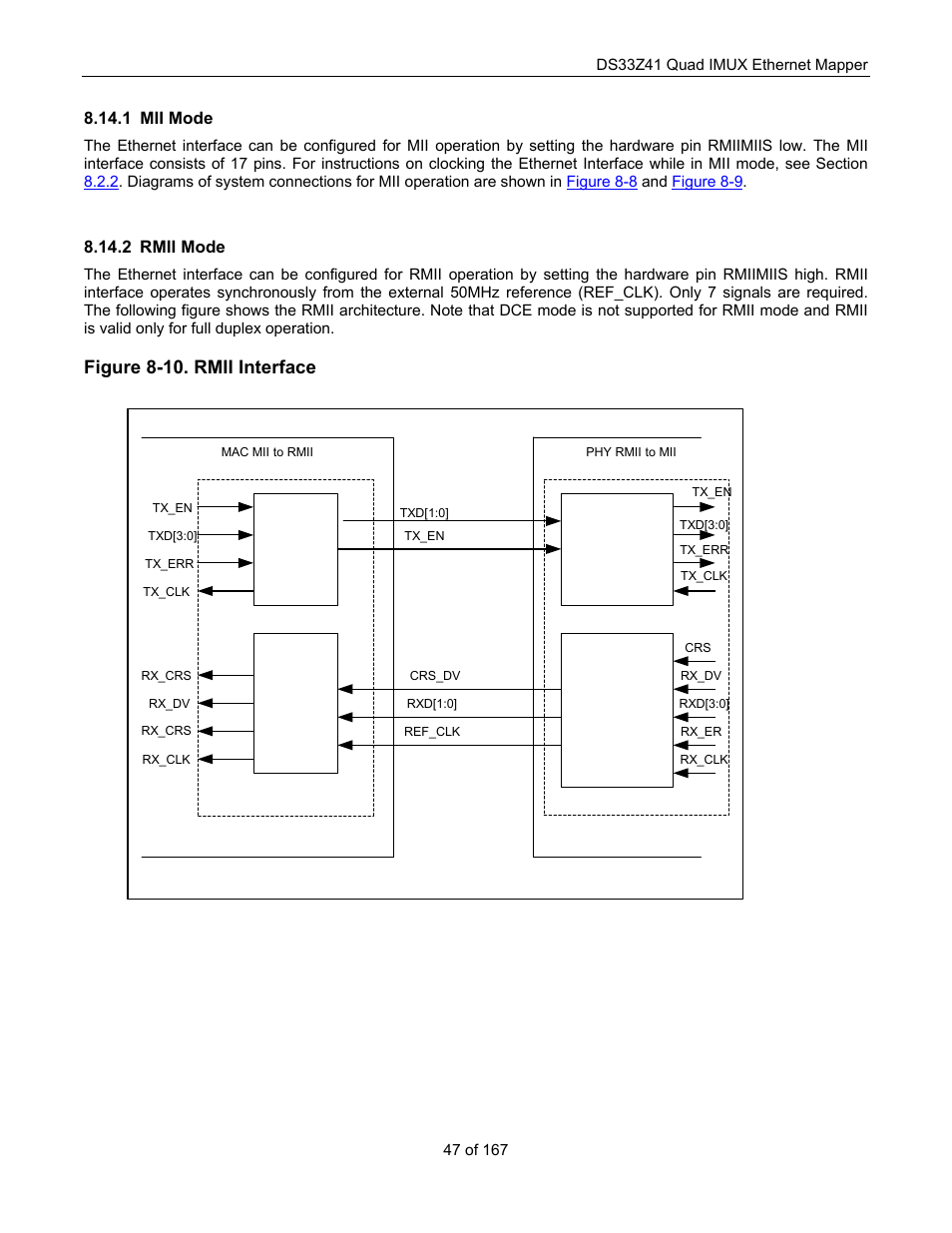 Mii mode, Rmii mode, Figure 8-10. rmii interface | 1 mii mode, 2 rmii mode | Maxim Integrated DS33Z41 User Manual | Page 47 / 167