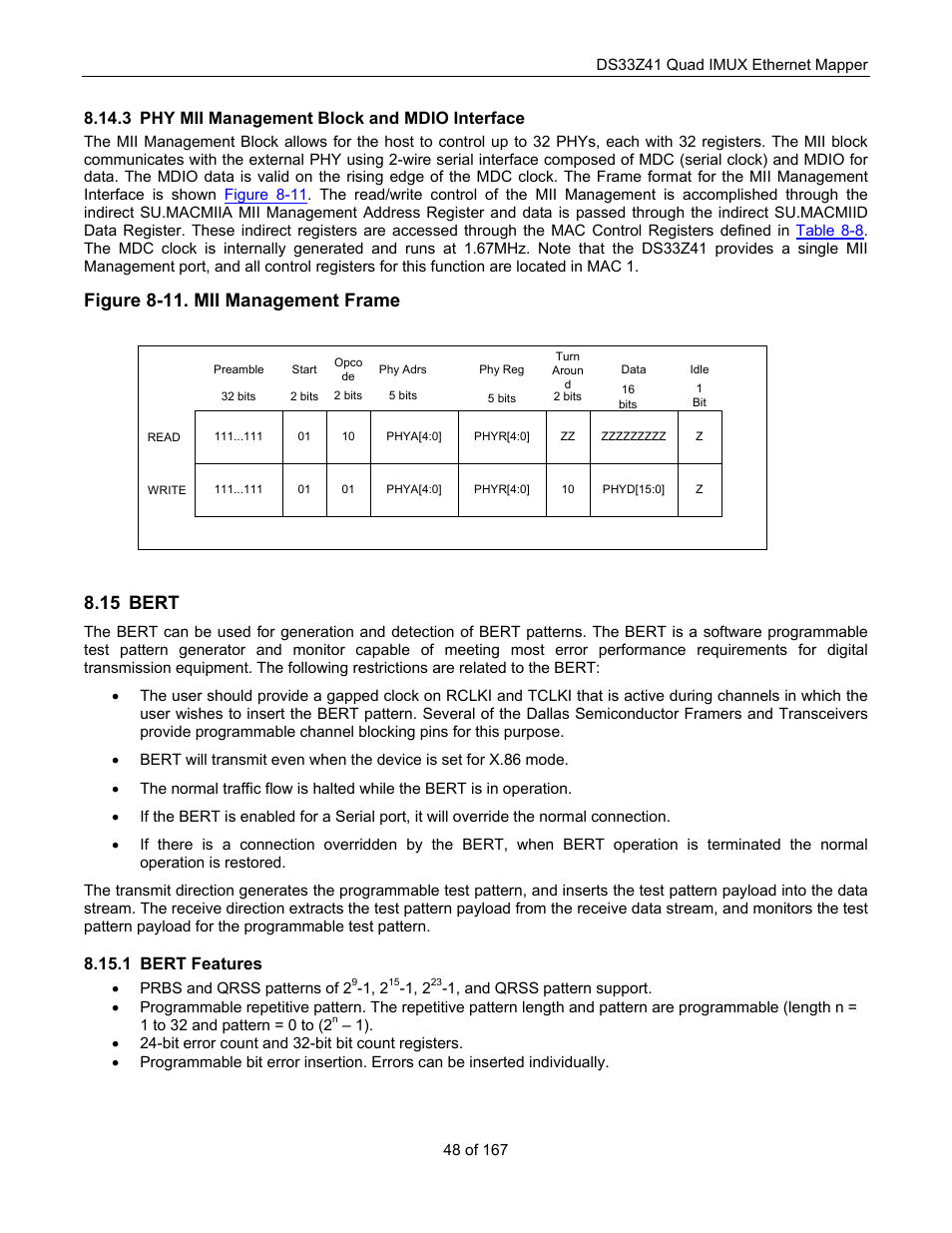 Phy mii management block and mdio interface, Bert, Bert features | Figure 8-11. mii management frame, 15 bert, 3 phy mii management block and mdio interface, 1 bert features | Maxim Integrated DS33Z41 User Manual | Page 48 / 167