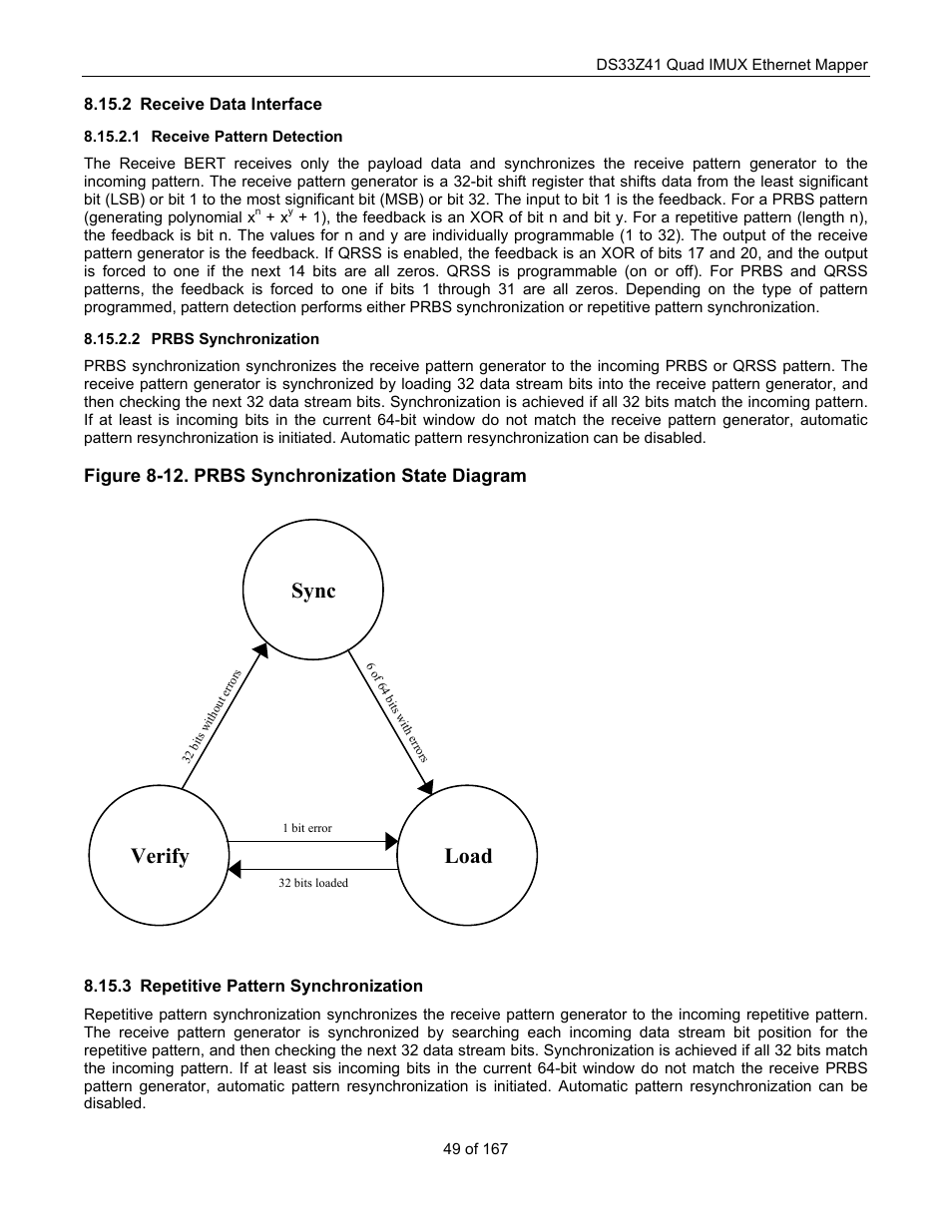 Receive data interface, Receive pattern detection, Prbs synchronization | Repetitive pattern synchronization, Sync load verify, Figure 8-12. prbs synchronization state diagram | Maxim Integrated DS33Z41 User Manual | Page 49 / 167