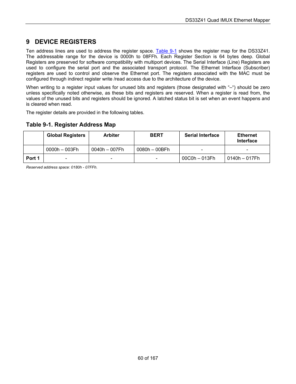 Device registers, Register bit maps, 9 device registers | Maxim Integrated DS33Z41 User Manual | Page 60 / 167