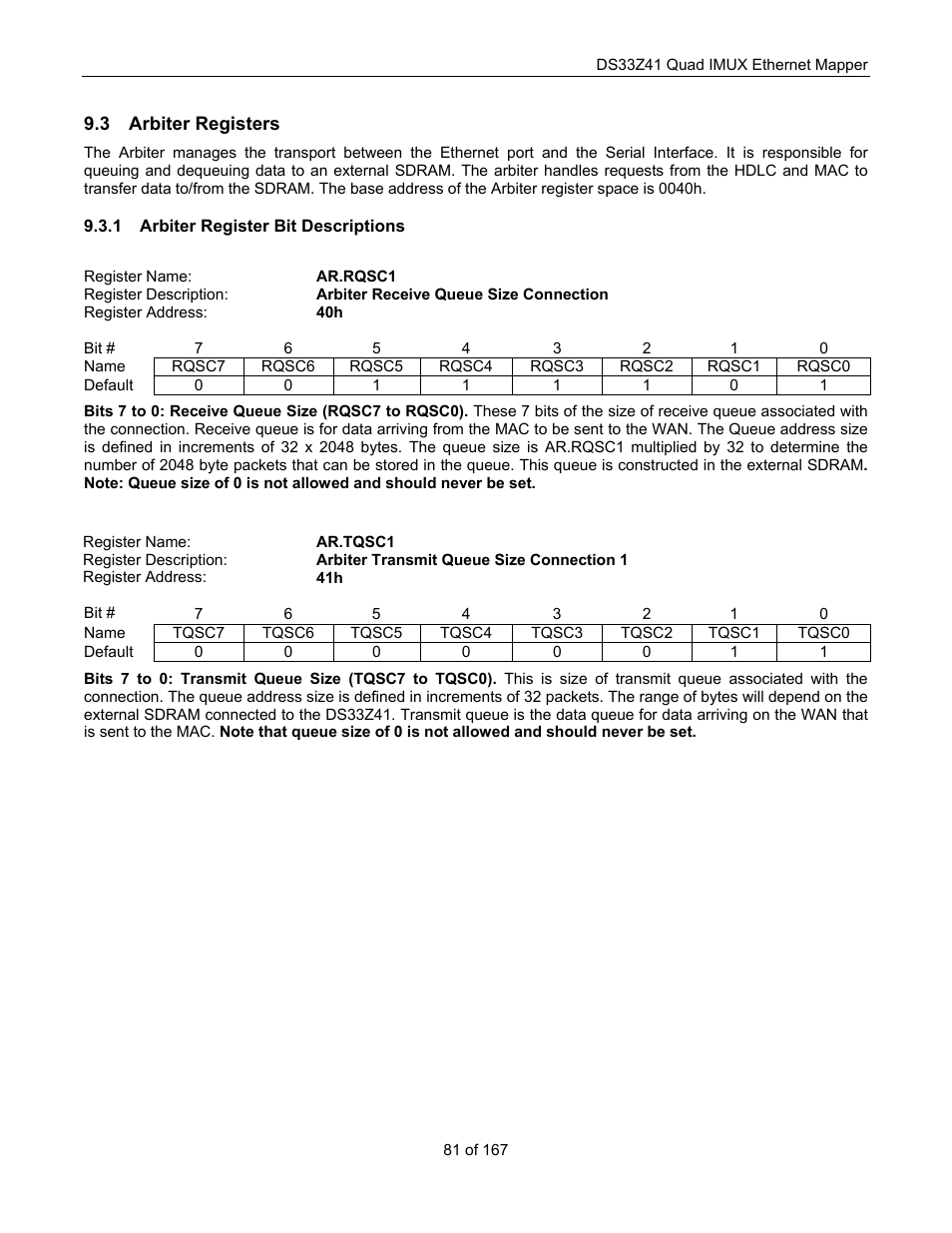 Arbiter registers, Arbiter register bit descriptions, Rbiter | Egisters | Maxim Integrated DS33Z41 User Manual | Page 81 / 167