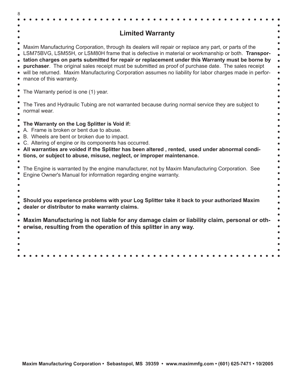 Limited warranty | Maxim Manufacturing LSM75BVG User Manual | Page 12 / 12