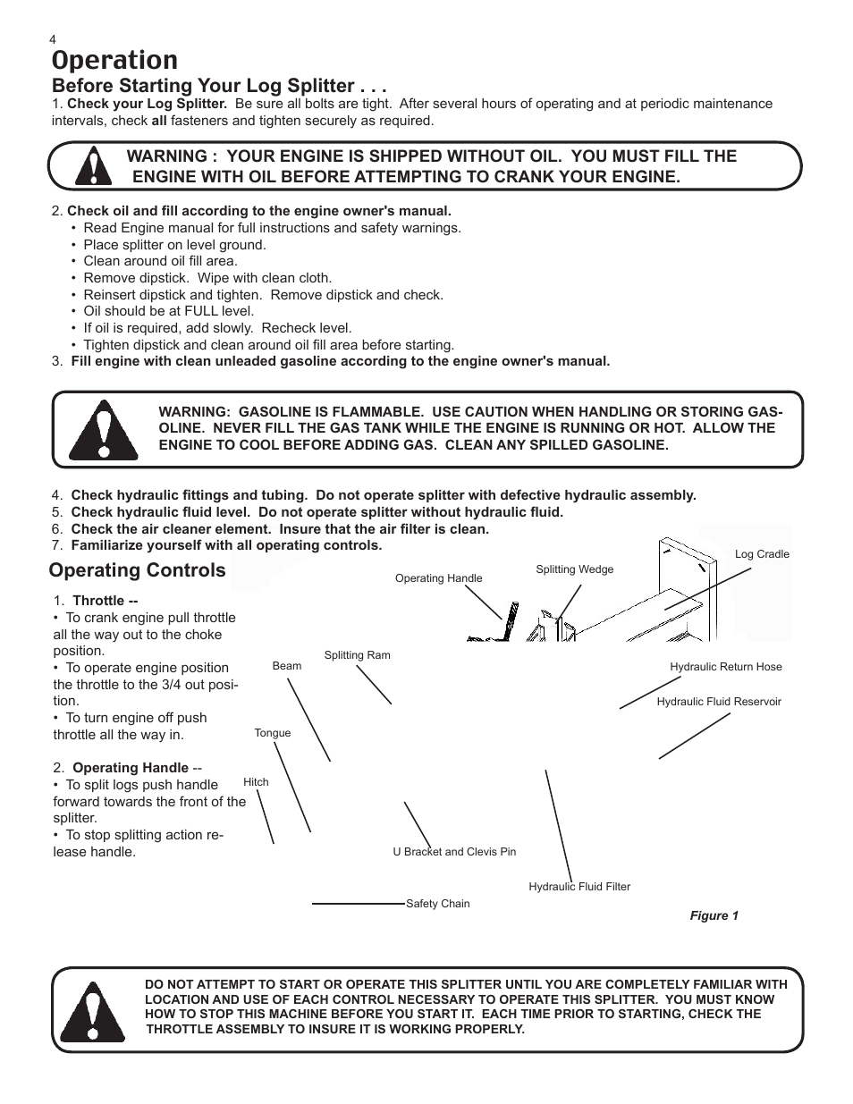 Operation, Before starting your log splitter, Operating controls | Maxim Manufacturing LSM75BVG User Manual | Page 4 / 12