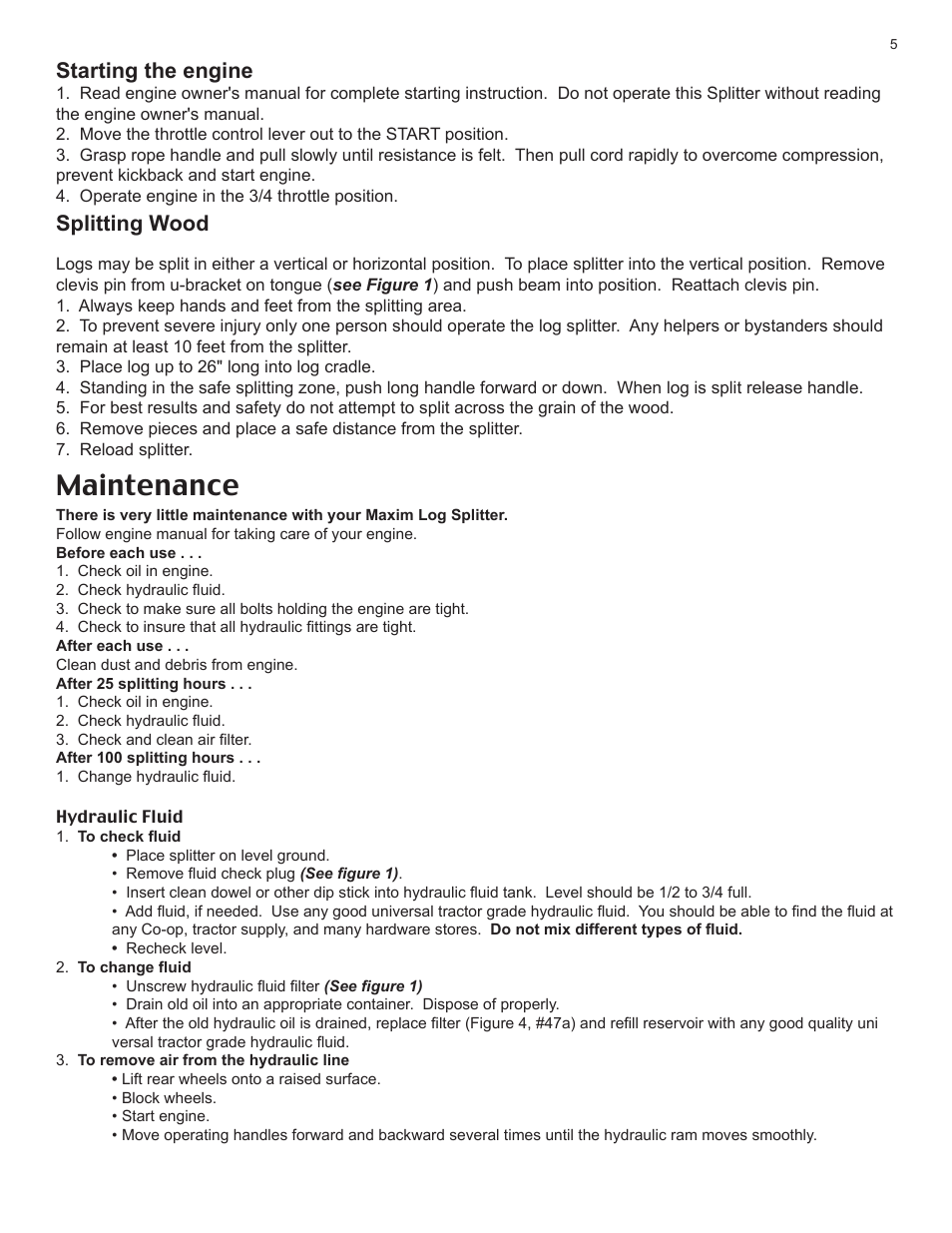 Maintenance, Starting the engine, Splitting wood | Maxim Manufacturing LSM75BVG User Manual | Page 5 / 12