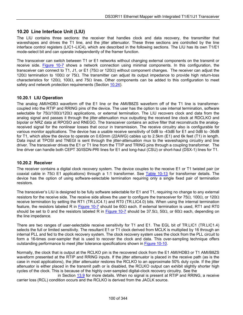 20 line interface unit (liu), 1 liu operation, 2 receiver | Nterface, Liu), Liu operation, Receiver | Maxim Integrated DS33R11 User Manual | Page 100 / 344