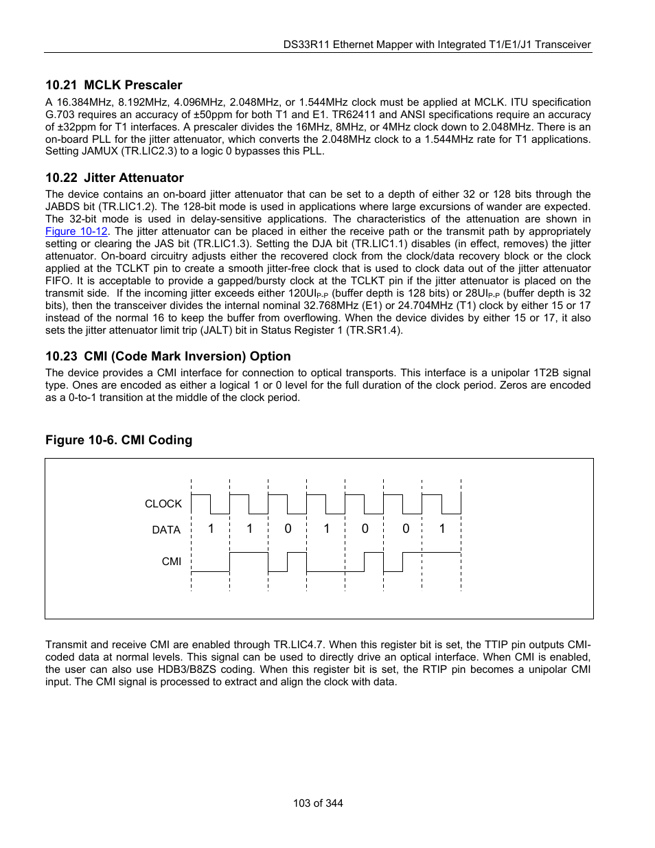21 mclk prescaler, 22 jitter attenuator, 23 cmi (code mark inversion) option | Mclk p, Rescaler, Itter, Ttenuator, Cmi (c, Nversion, Ption | Maxim Integrated DS33R11 User Manual | Page 103 / 344